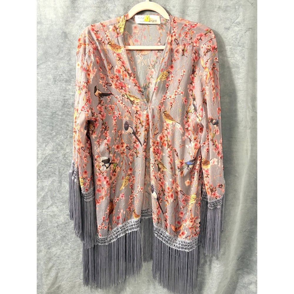 Vtg Havana Sheer Grey Open Cardigan Birds Pink Blossoms Fringe Fairy Ethereal M